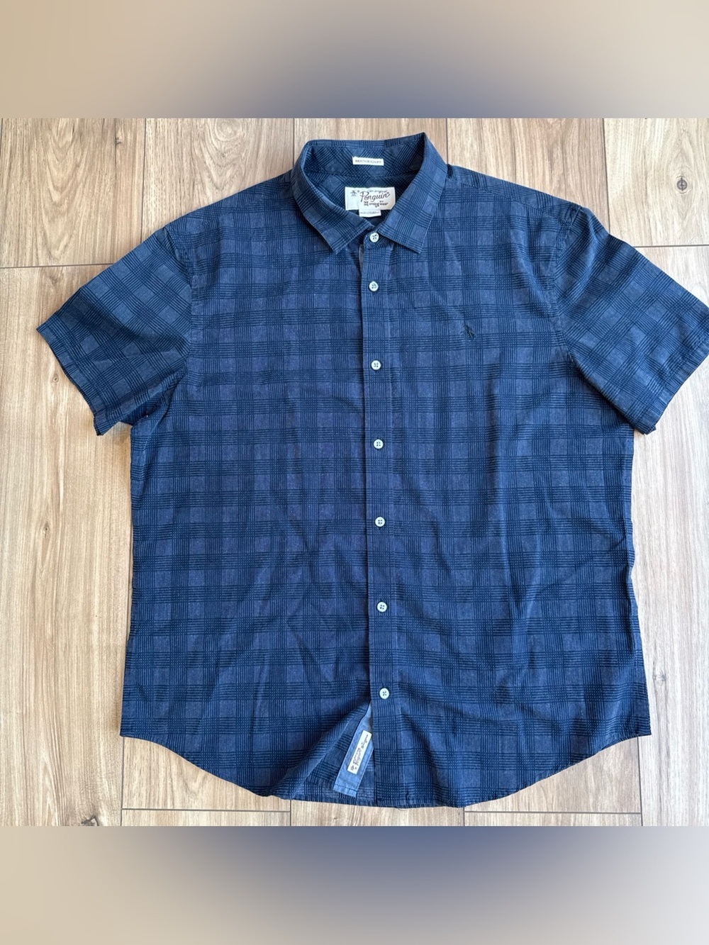 Penguin Heritage Slim Fit Blue Plaid Short Sleeve Button Down Shirt Mens Size XL